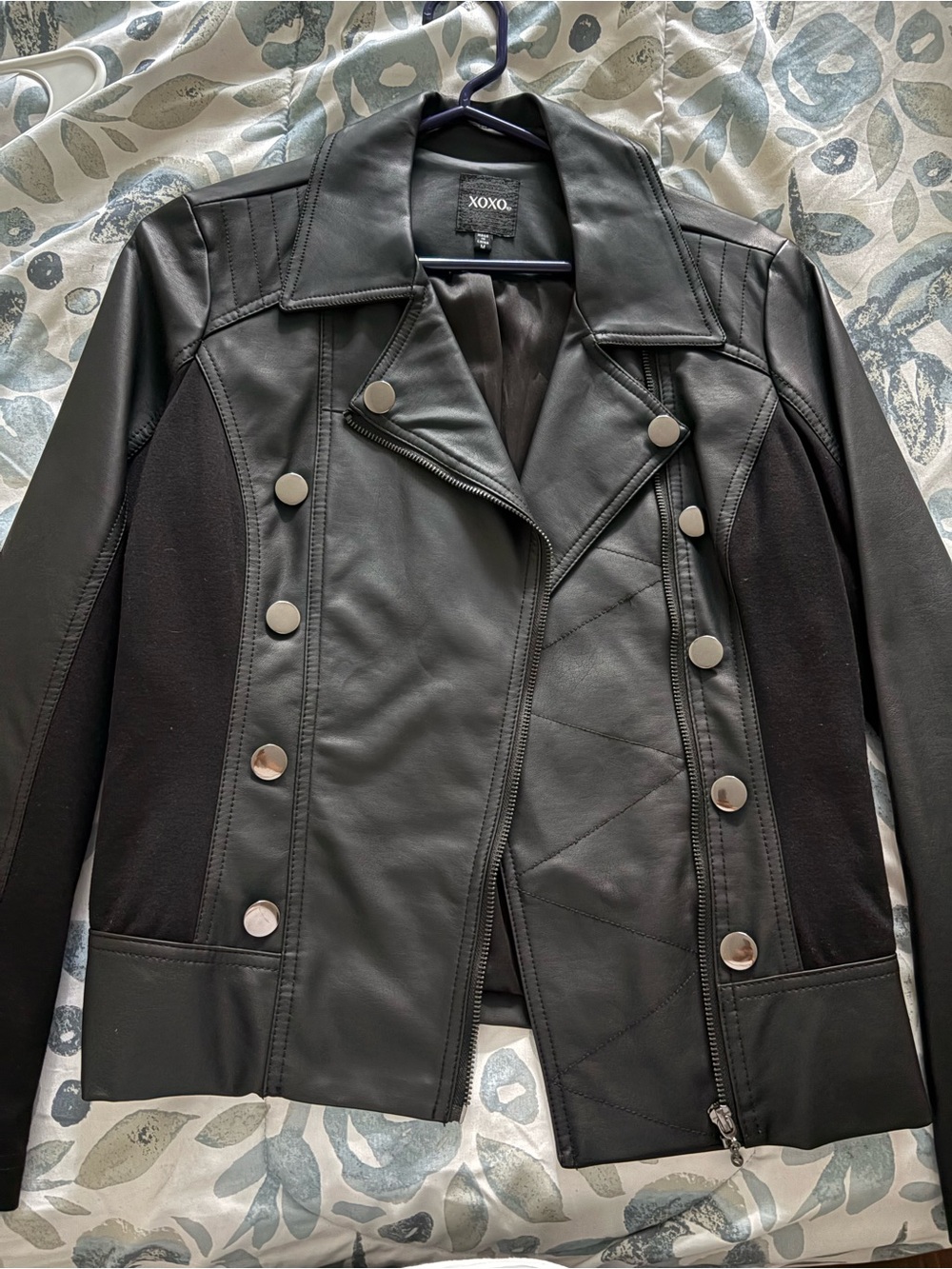 XOXO Black Faux Leather Moto Jacket with Knit Panels